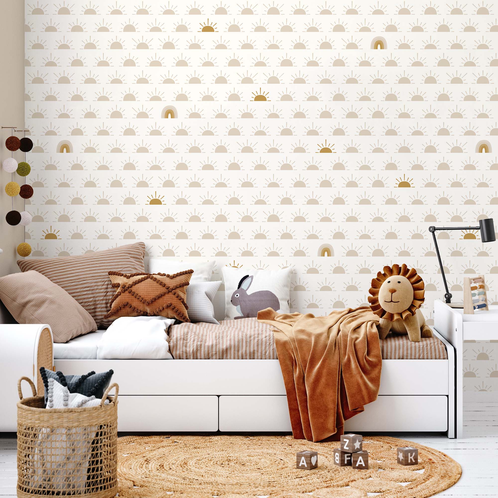 Behang babykamer Zon en Regenboog in beige