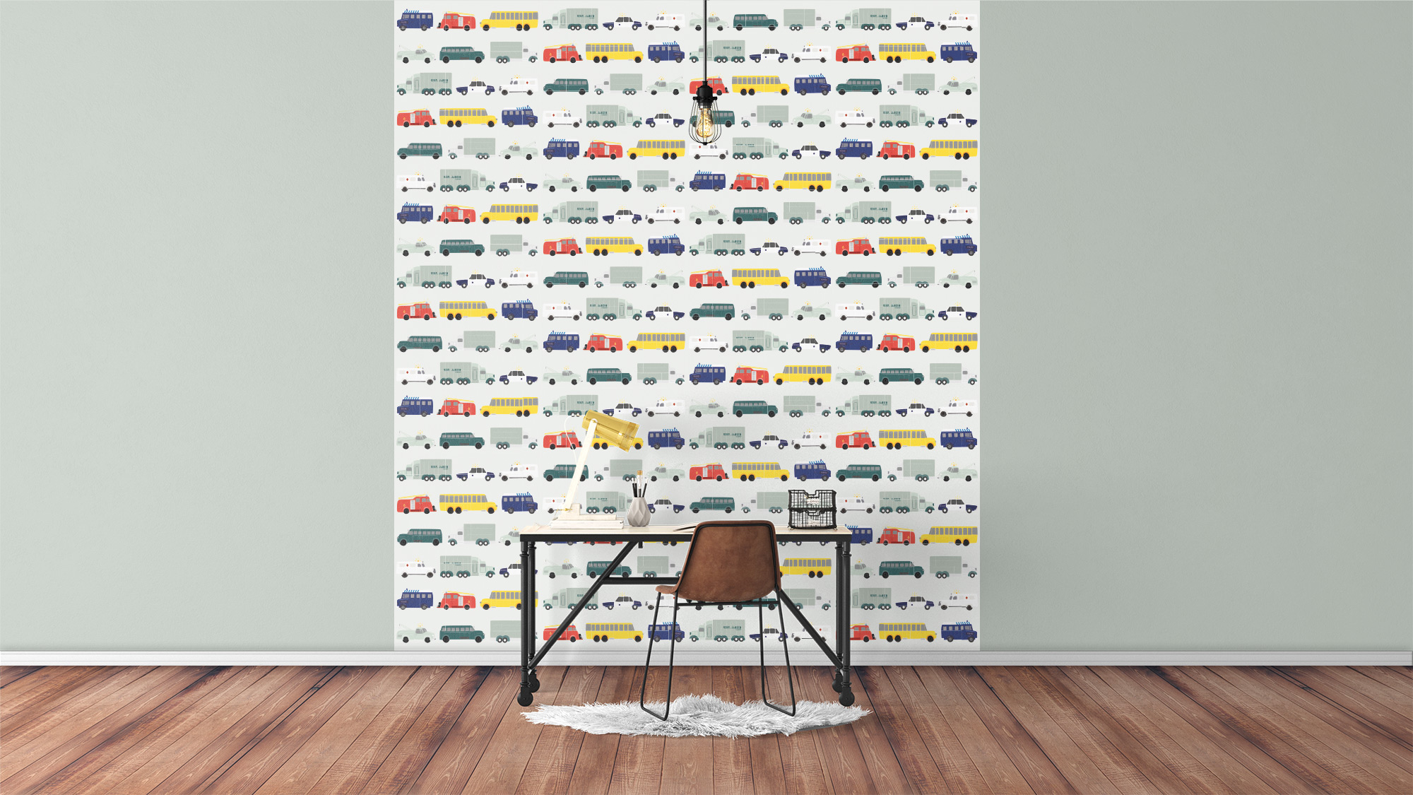 voertuigenbehang paneel van 4 banen uit slechts 1 rol in een jongenskamer