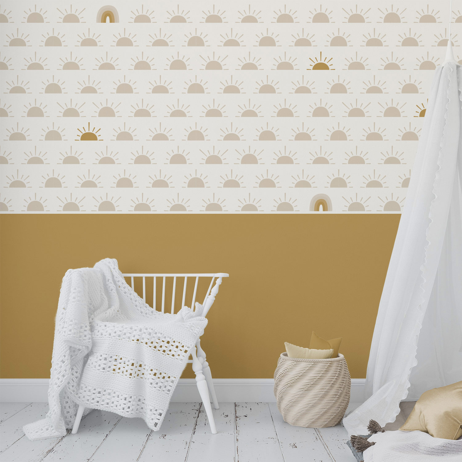 Kinderkamer met thema zon en behang Zon en Regenboog van Perron 11