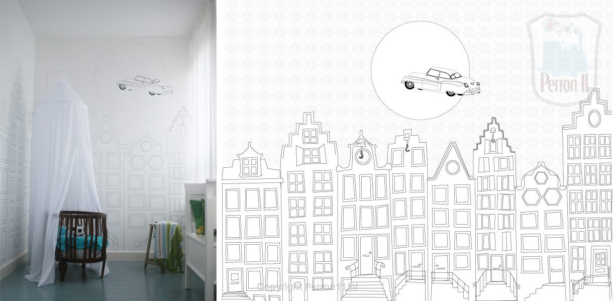 Behang babykamer grachtenpandjes voorbeeld