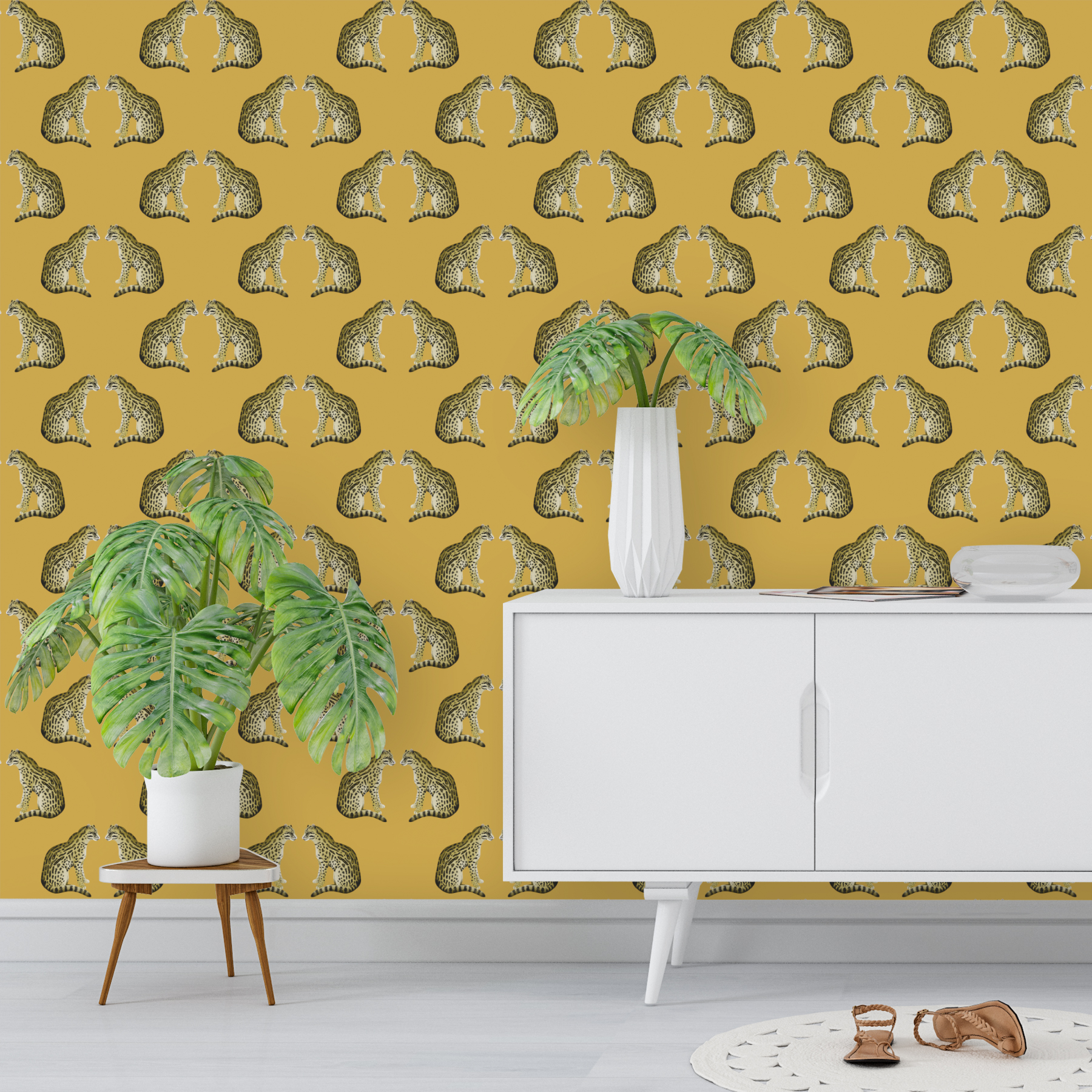 Behang Panter in oker geel hier in een woonkamer, maar ook erg geschikt voor de kinderkamer