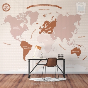 Wereldkaart behang roze en roestkleur met diverse achtergronden