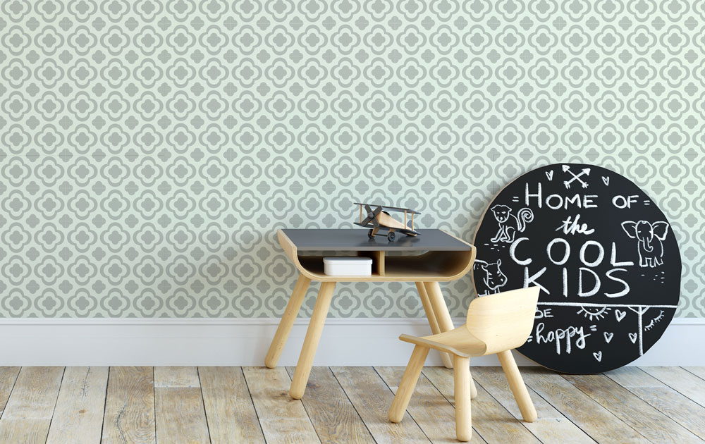 behang grijsgroen retrobloem van Perron 11 in kinderkamer