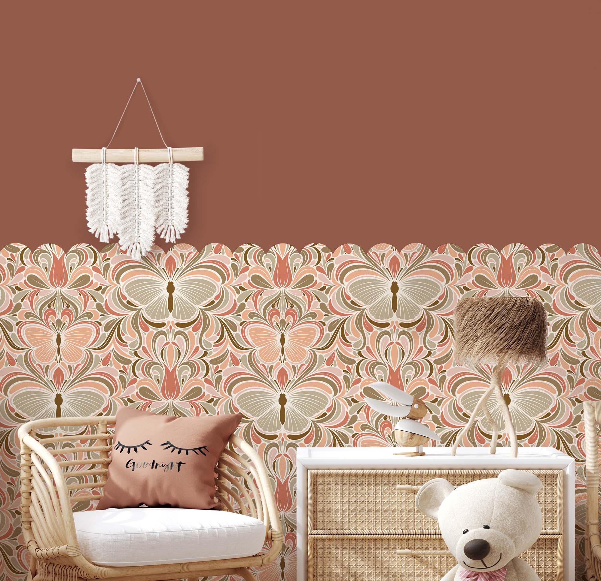 Behang Boho Nouveau als lambrisering met boogjes