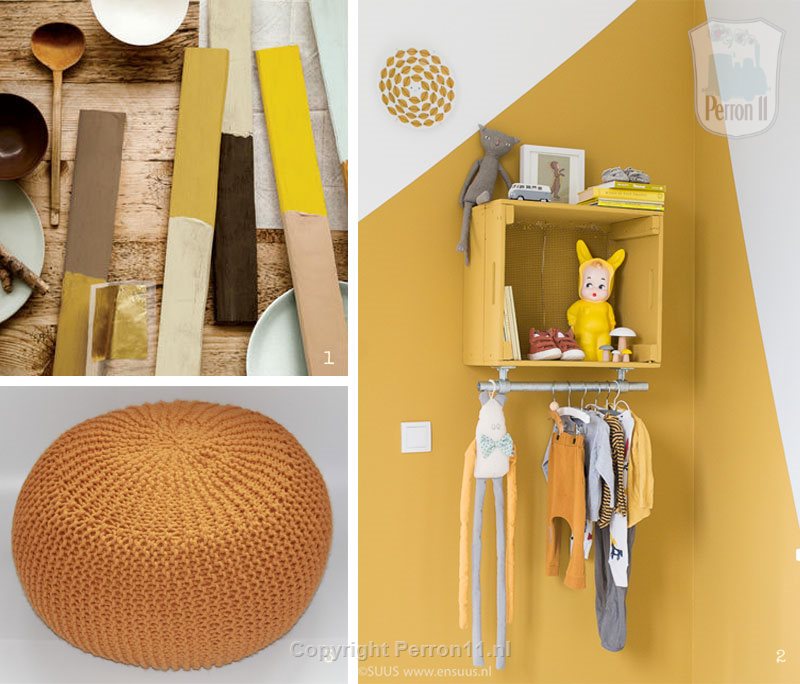 Collage van okergoud kleurcombinaties en accessoires