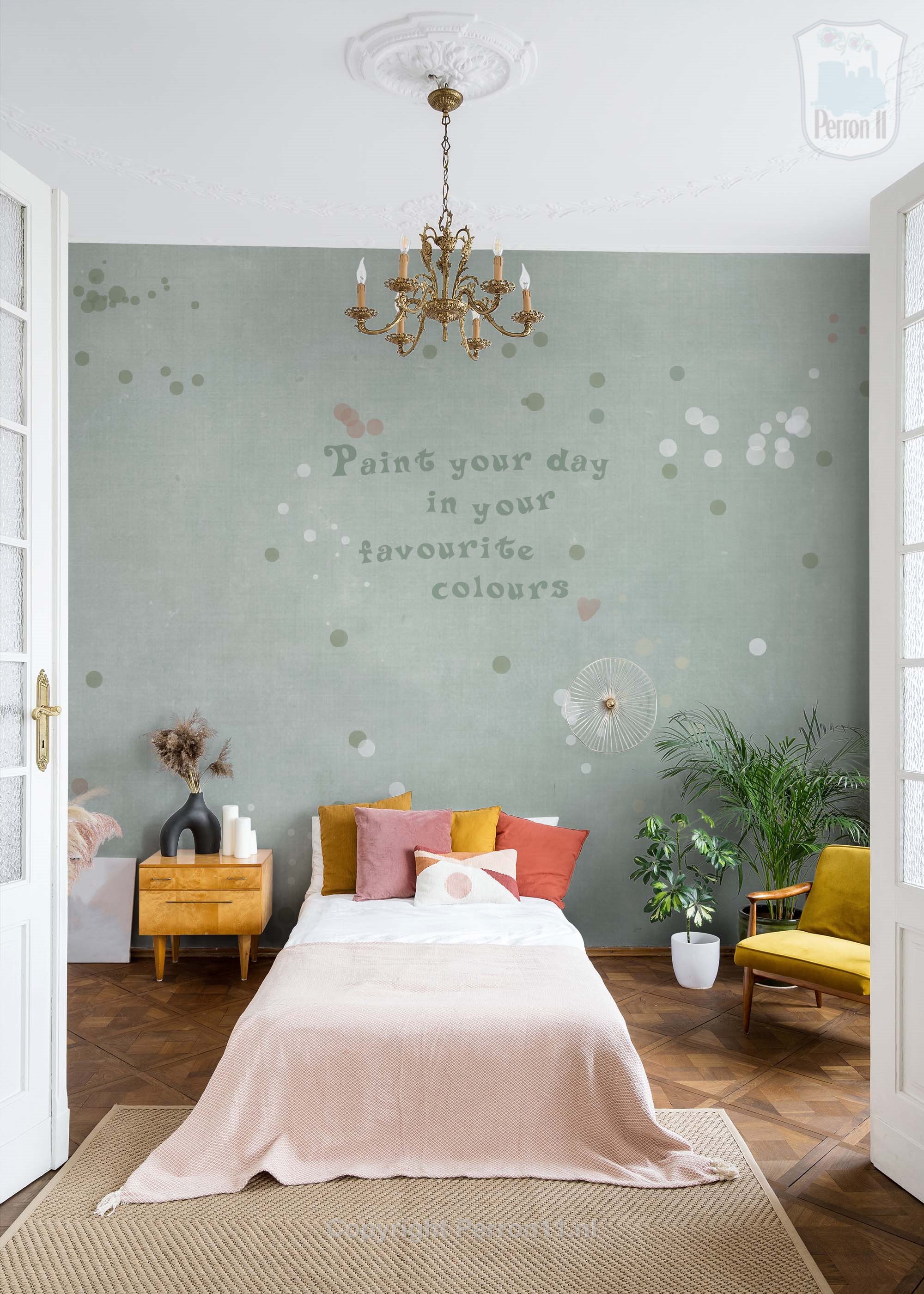 Fotobehang met stippen en quote in meidenkamer