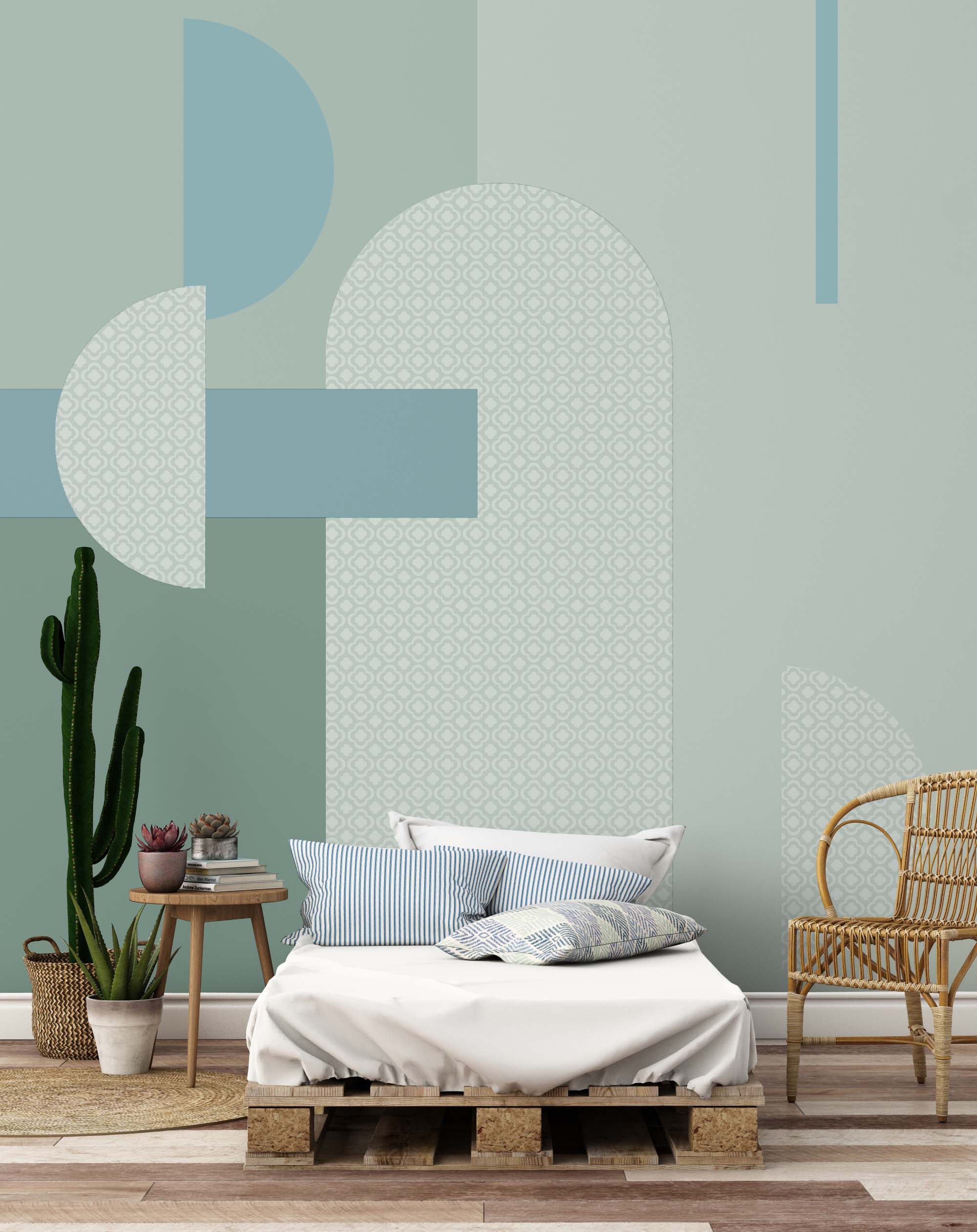 Geometrische vormen gemaakt van behang en geschilderde vlakken in kinderkamer