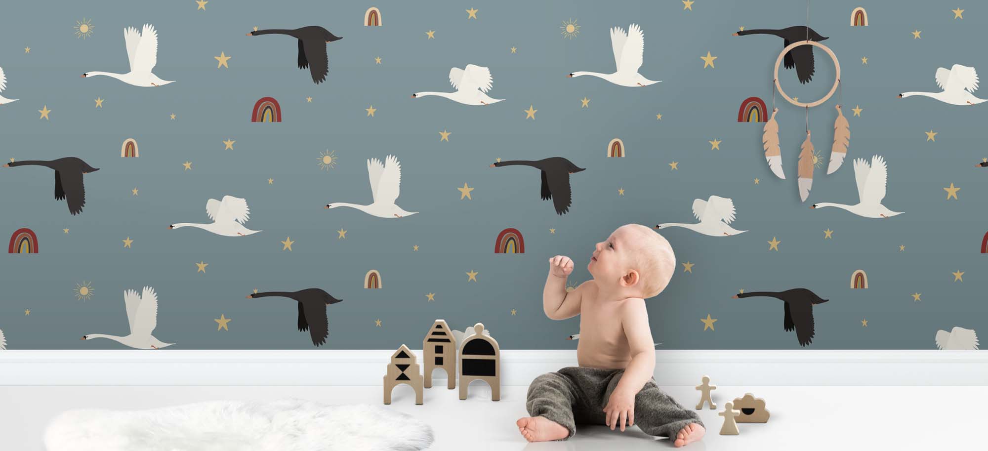 kinderkamertrends 2022 zwanen behang in blauw