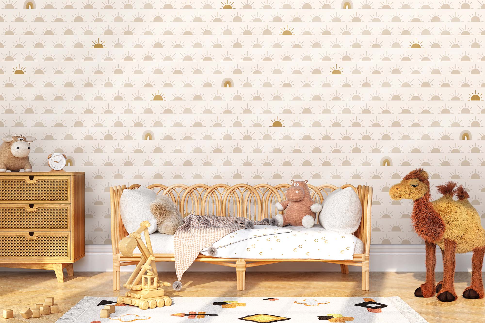 Bohemian kinderkamer met rotan meubels en behang met zonnetjes en regenboogjes van Perron 11