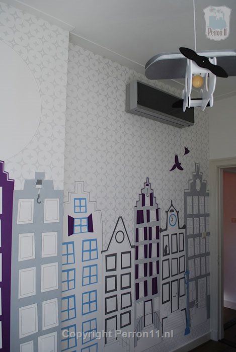 Kinderkamer babykamer paars blauw huisjes