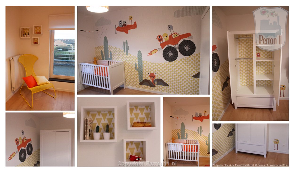 kinderkamer met monster behang sfeerbeelden en foto's