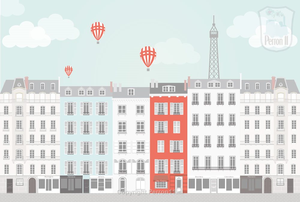 Parijs stad posterbehang jongenskamer meisjeskamer tienerkamer met luchtballonnen en Eiffeltoren