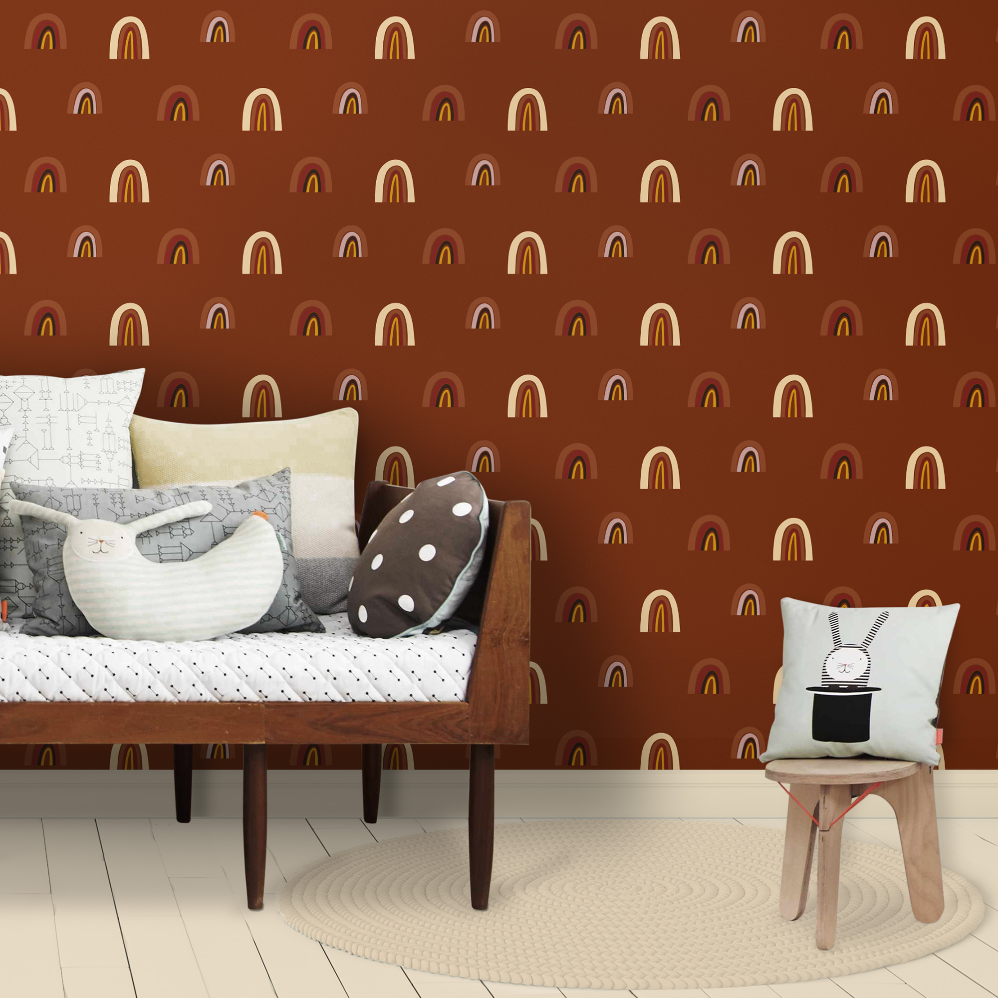 Kinderkamer met thema regenboog en regenboogbehang van Perron 11
