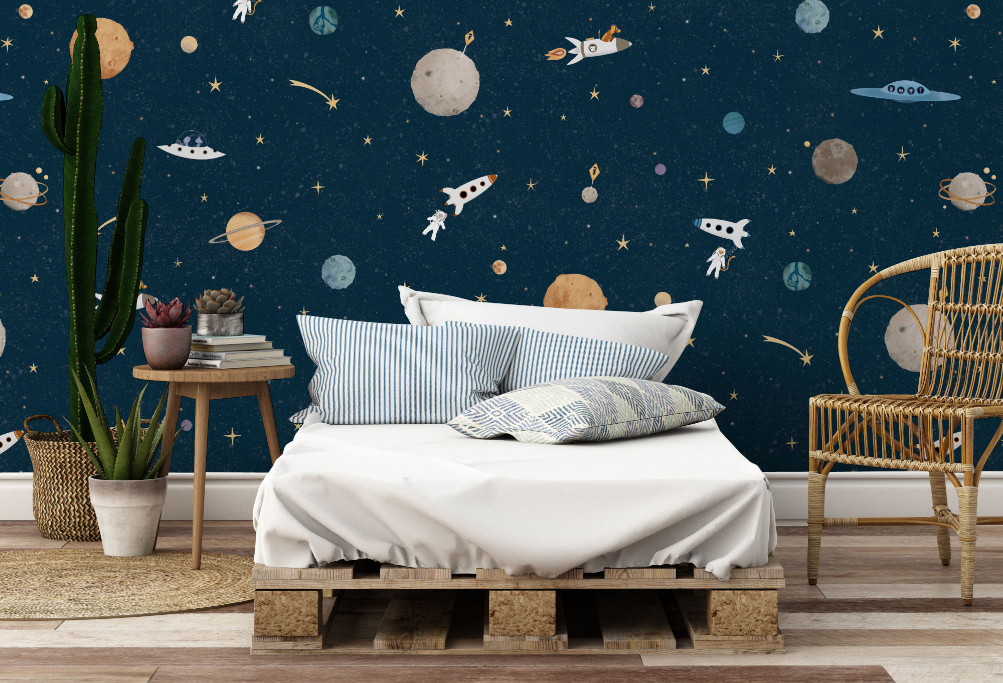 Donker blauw ruimte behang in jongenskamer