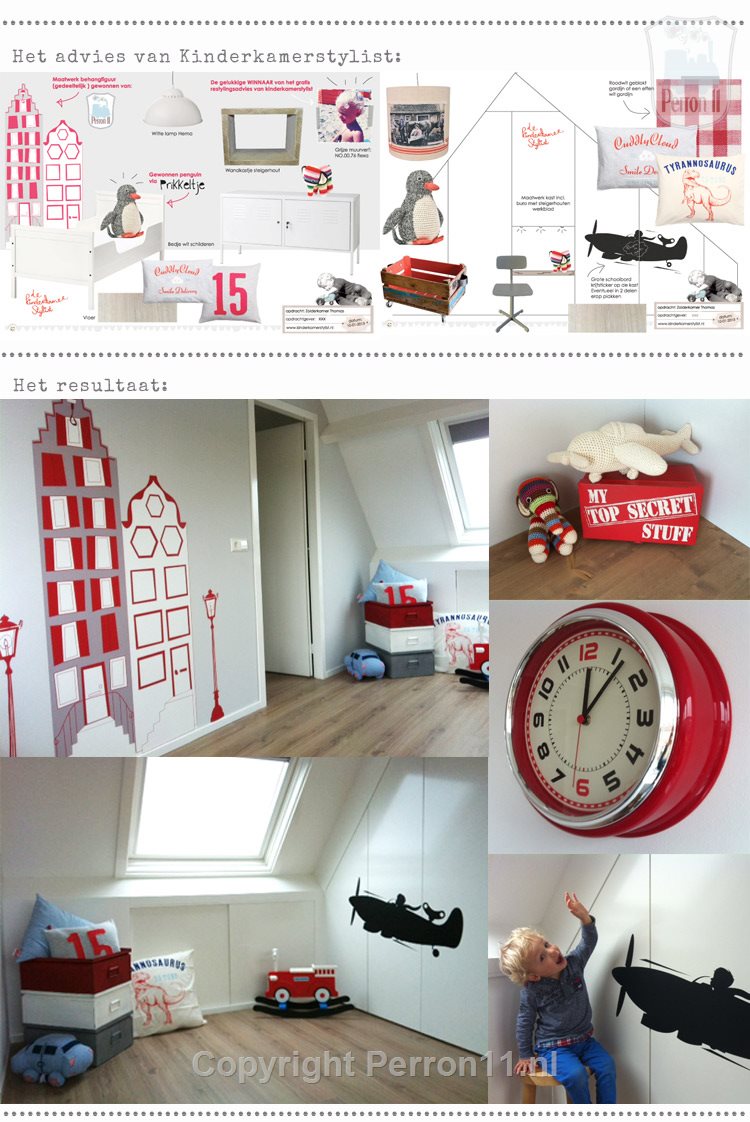 stoere jongenskamer in rood en grijs met behang huisjes