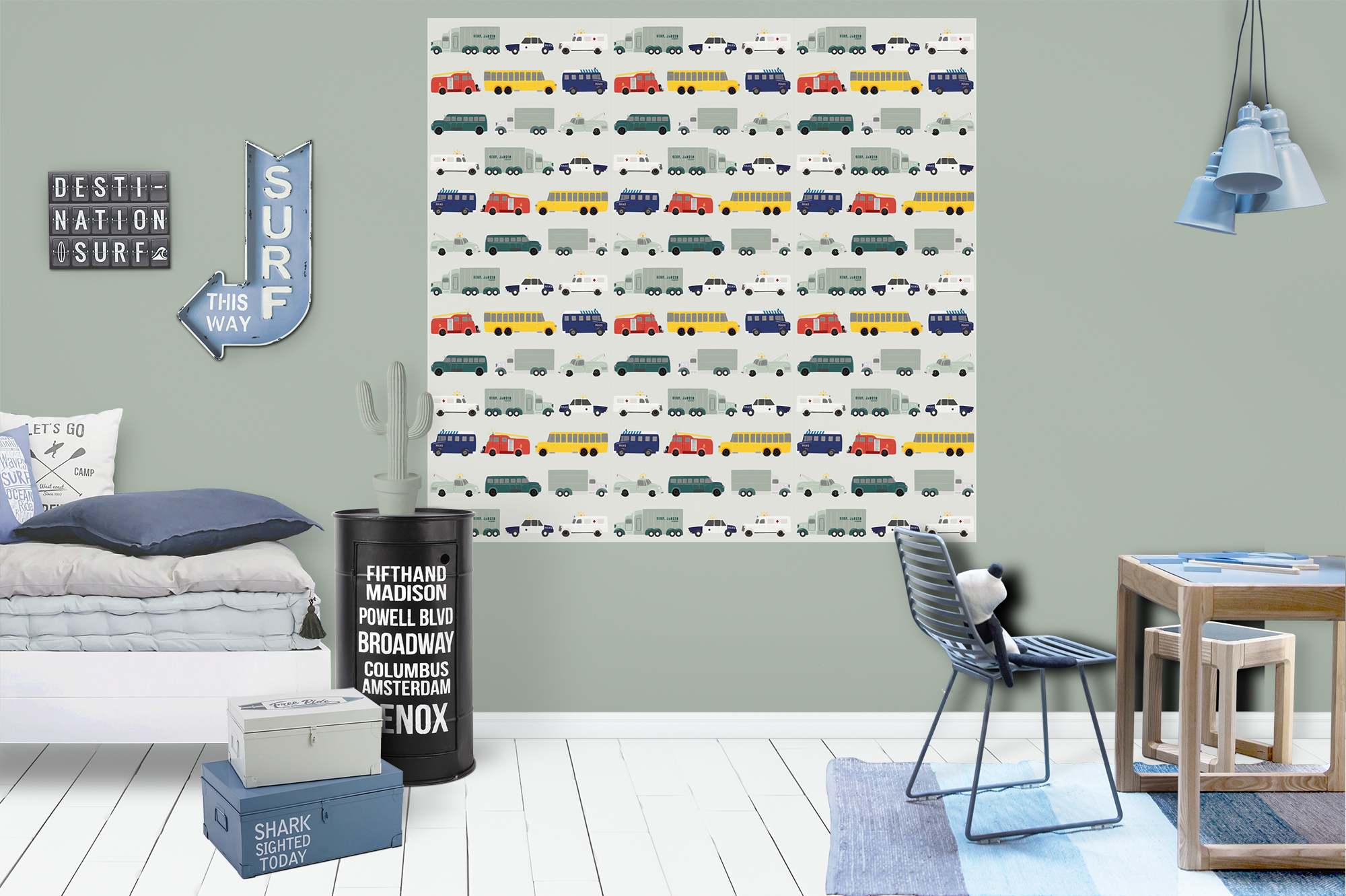 Behangvierkant met voertuigenbehang op wand kinderkamer